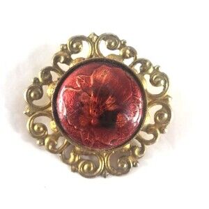 Victorian Style Guilloche Enamel Brooch Pin Red Flower Petals Gold Tone Filigree